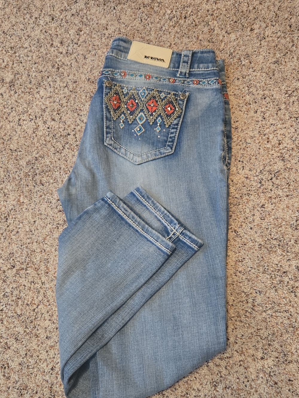 KEYA Rhinestone Designer Women's Light Distressed Jeans Easy Fit 11 31